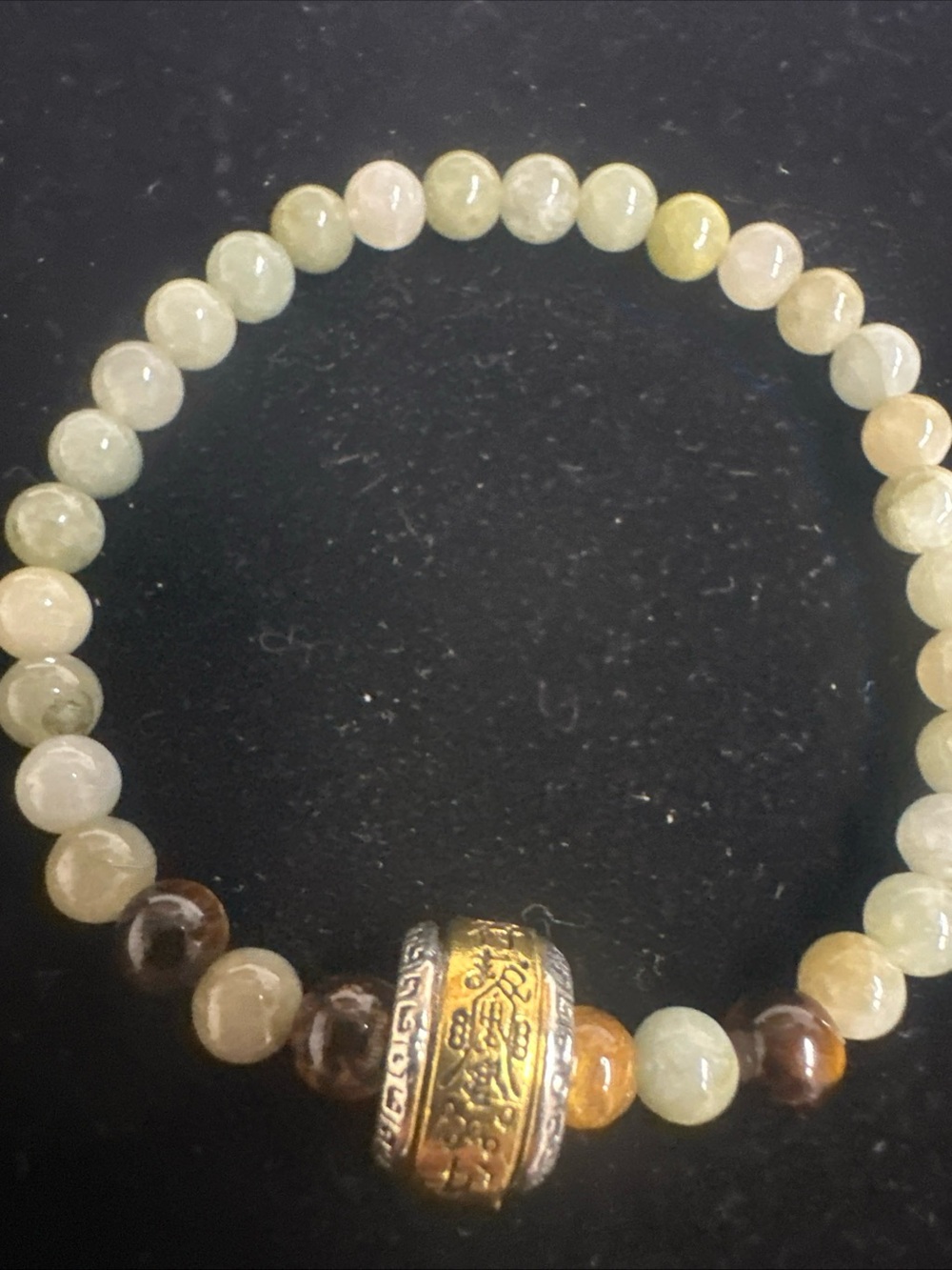 Jade Jadite Green Beaded Bracelet with Decorative Gold tone Accent